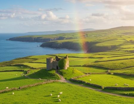 Iers landschap met schapen en kasteel
